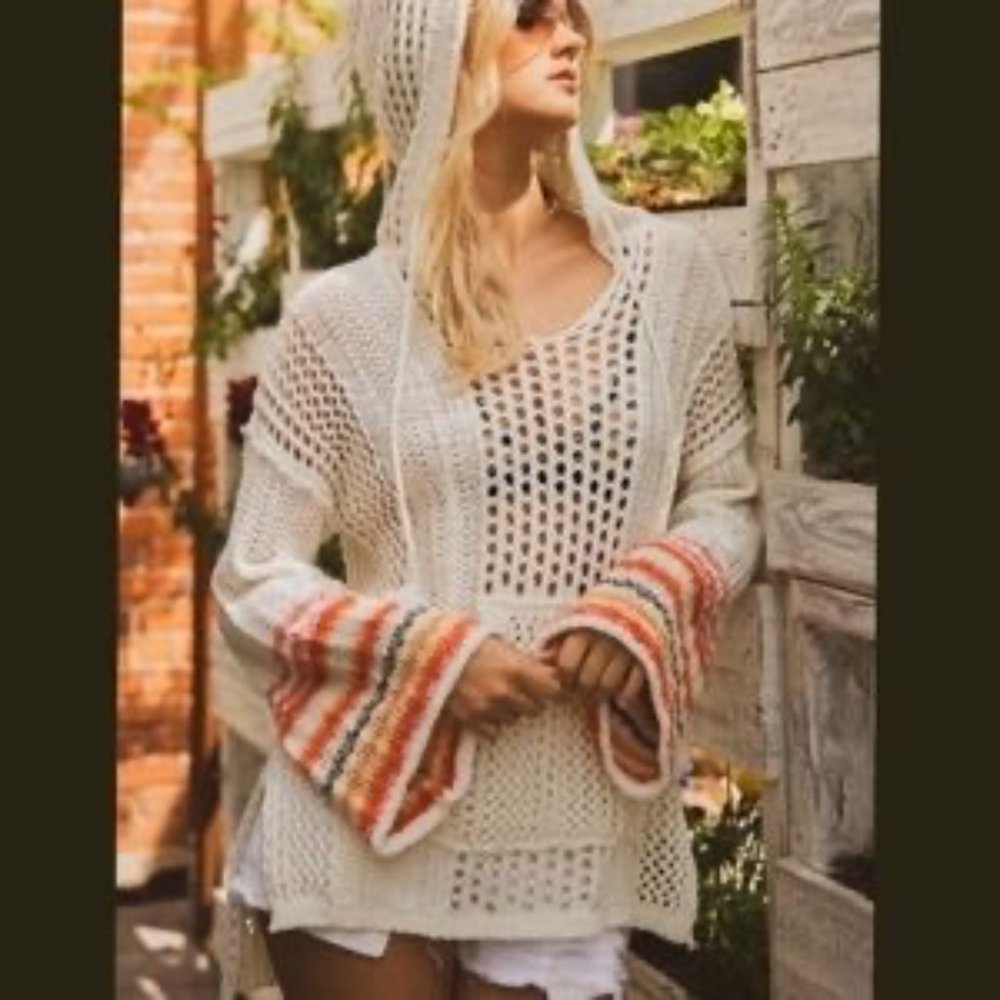 POL Sunset crochet knit bell sleeve hooded sweater size M